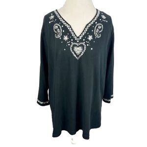 Quacker Factory Black Tunic Top Beaded Embellished Hearts n Paisley Plus Size 2X